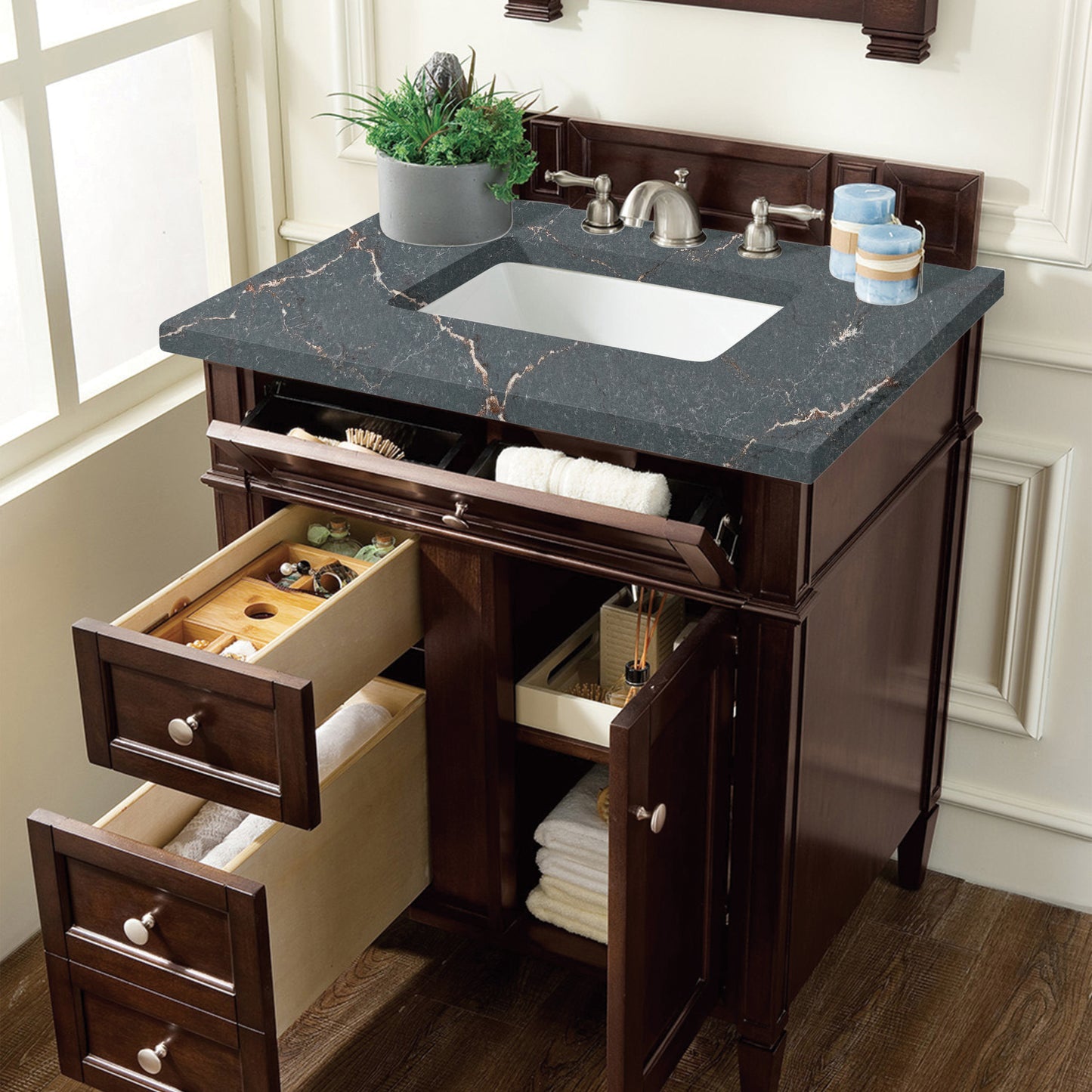 Brittany 30" Single Vanity, Burnished Mahogany, w/ 3 CM Parisien Bleu Silestone Top