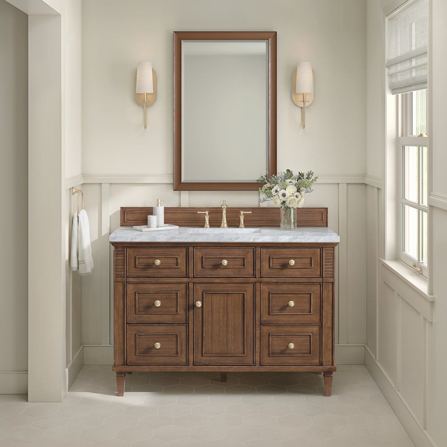 Lorelai 48" Single Vanity, Mid-Century Walnut w/ 3 CM Carrara White Marble Top