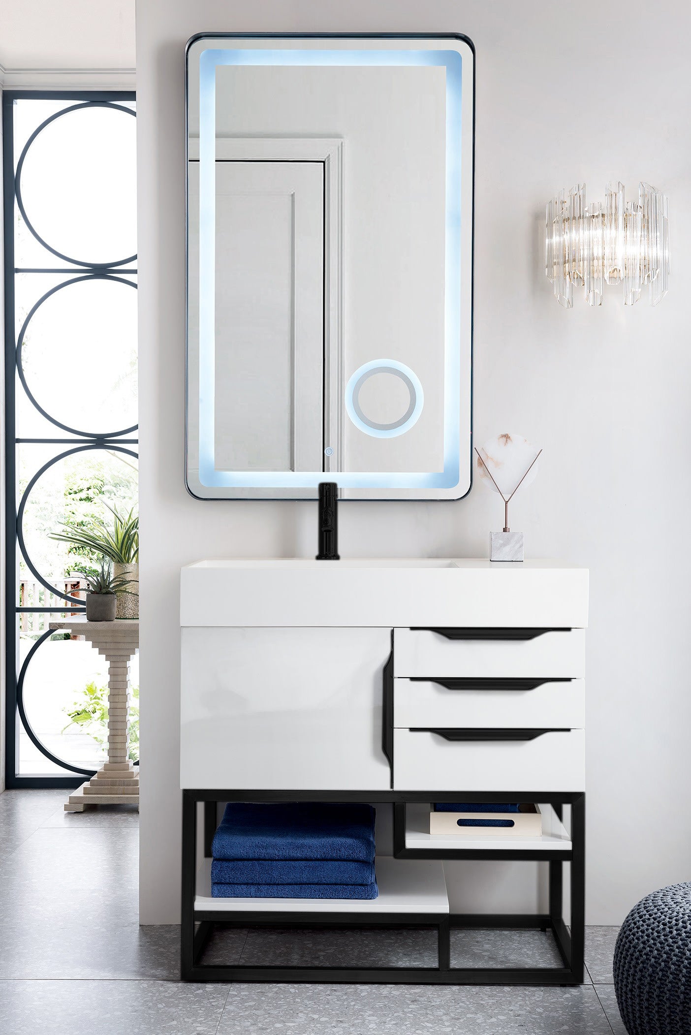 Columbia 36" Single Vanity, Glossy White, Matte Black w/ Glossy White Composite Stone Top