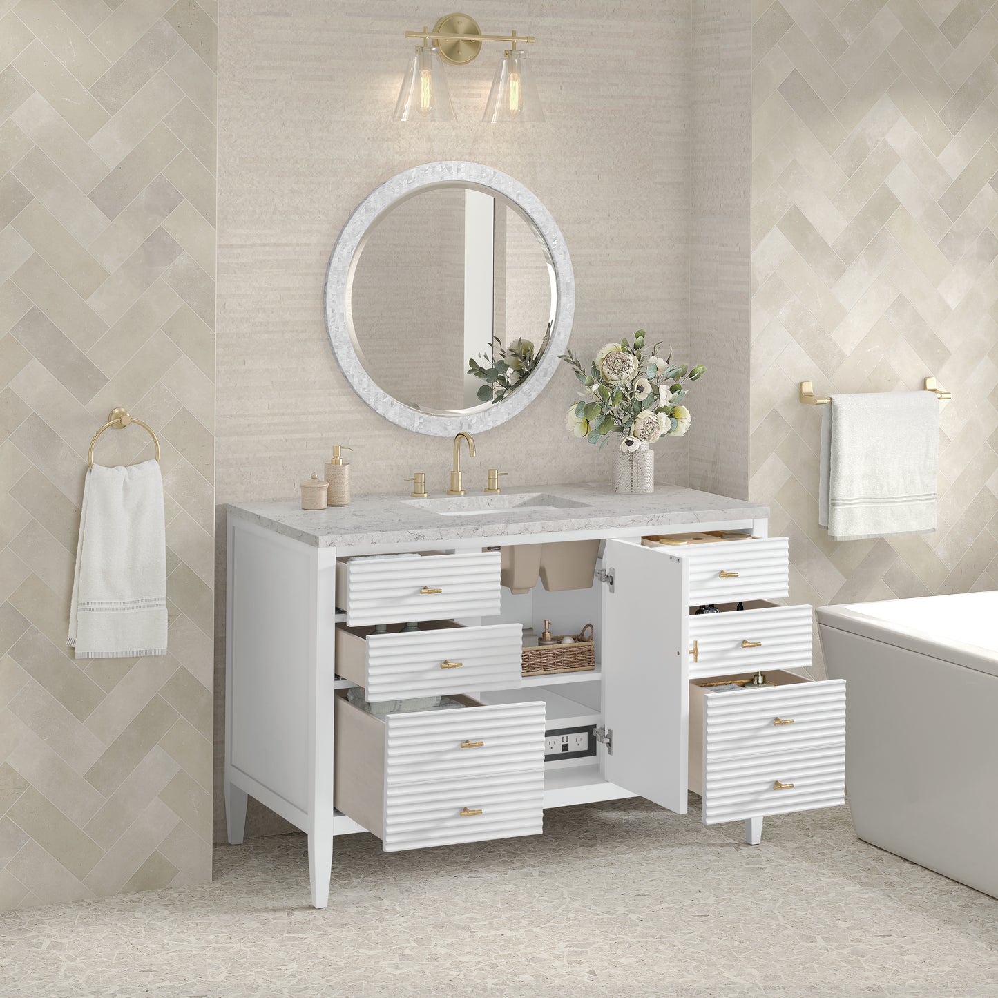 Myrrin 48" Vanity, Bright White w/ 3 CM Eternal Jasmine Pearl Silestone Top