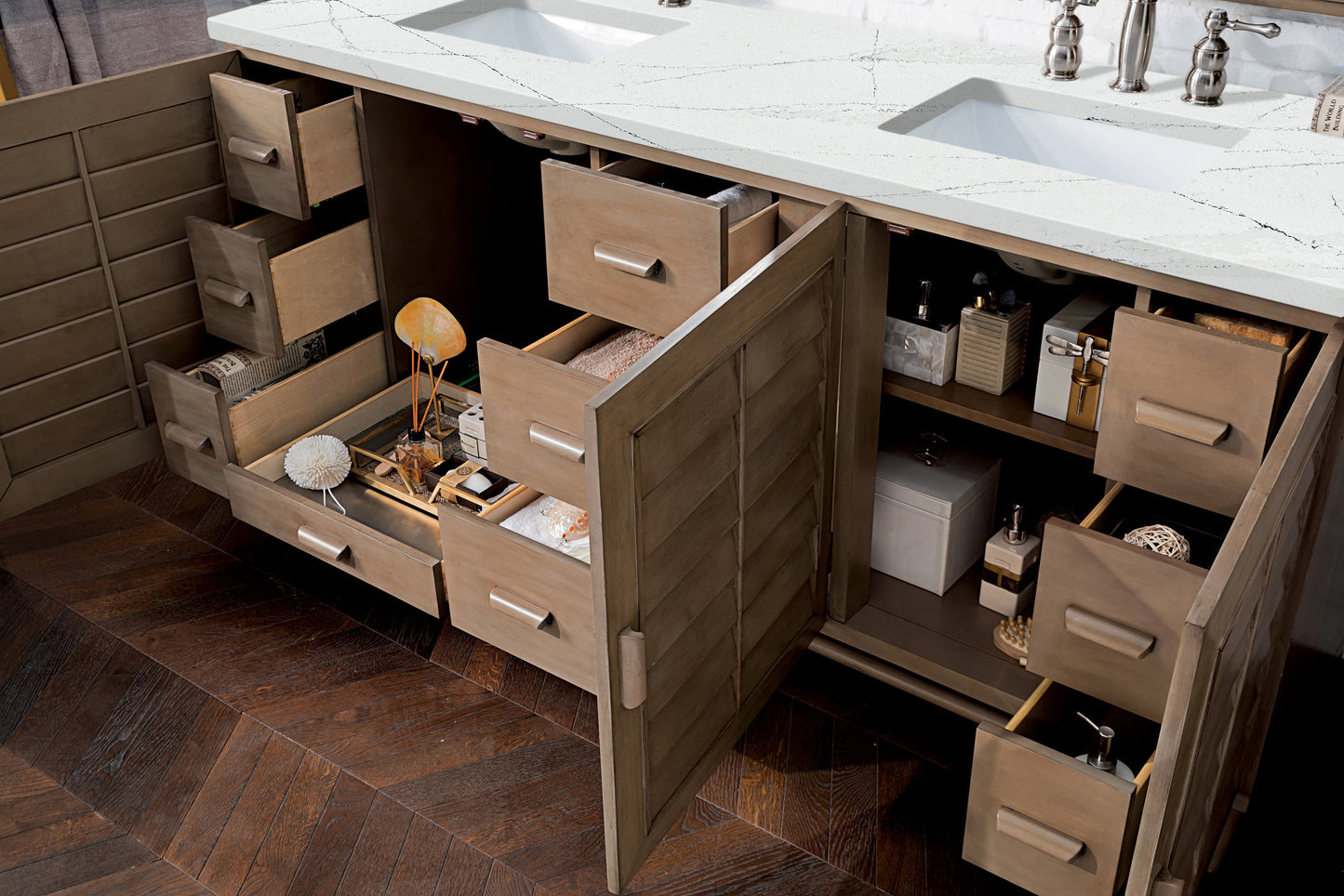 Portland 72" Double Vanity Whitewashed Walnut w/ 3 CM Ethereal Noctis Silestone Top