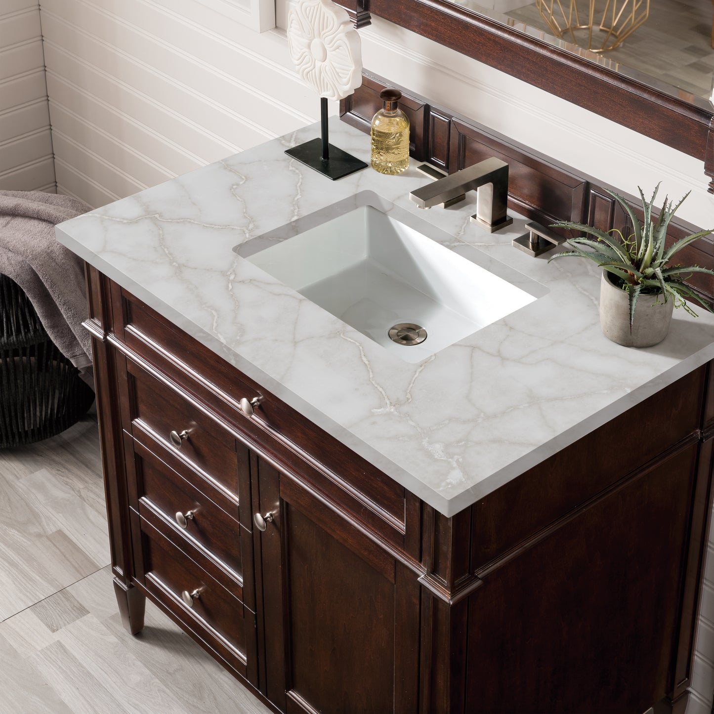 Brittany 36" Single Vanity, Burnished Mahogany w/ 3 CM Victorian Silver Silestone Top