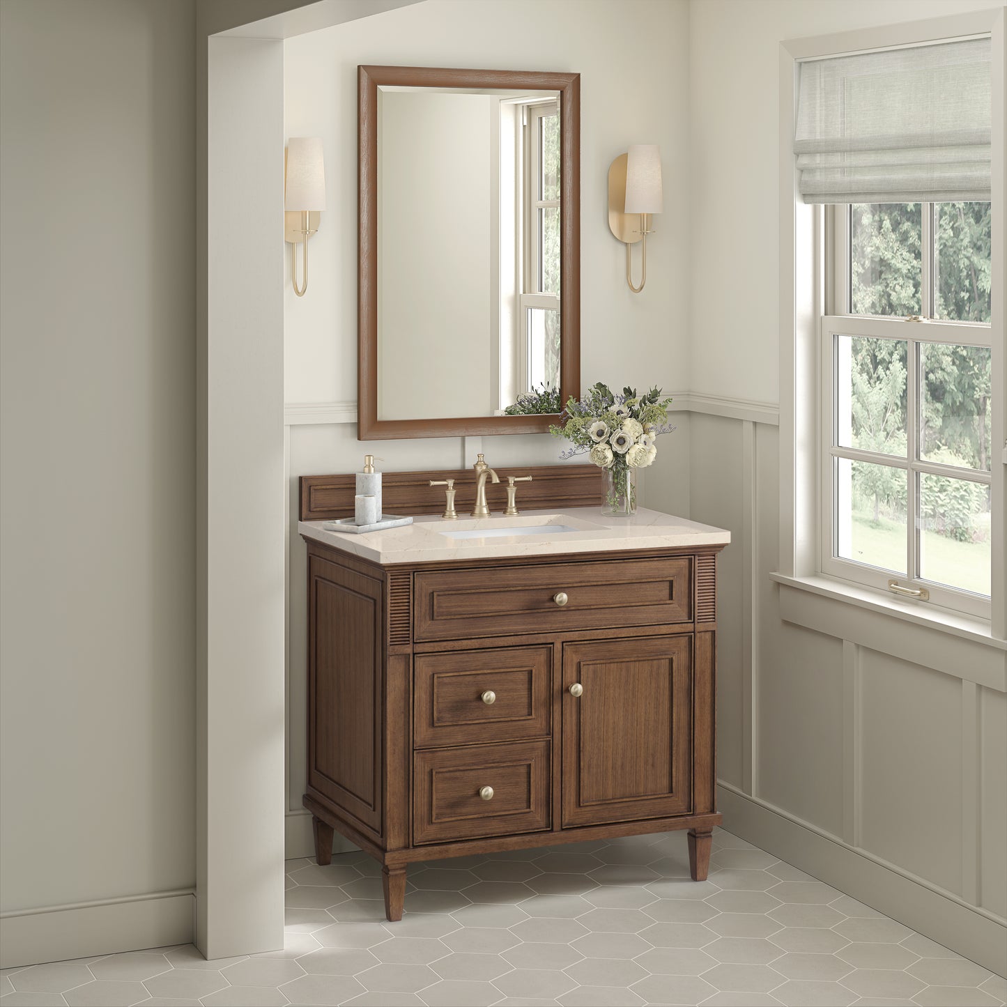Lorelai 36" Single Vanity, Mid-Century Walnut w/ 3 CM Eternal Marfil Silestone Top