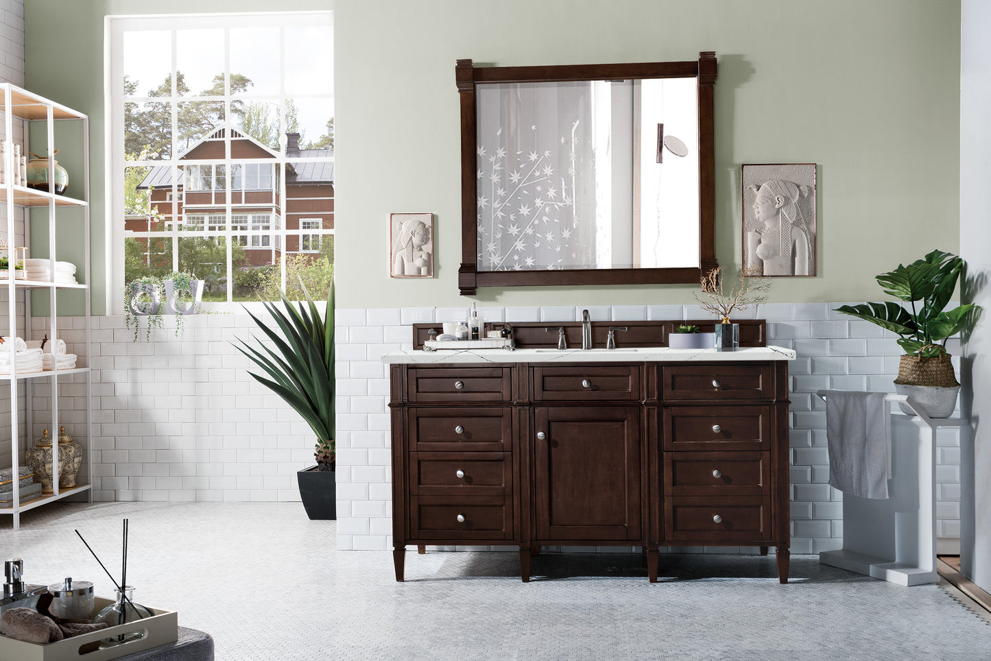 Brittany 60" Single Vanity, Burnished Mahogany w/ 3 CM Ethereal Noctis Silestone Top