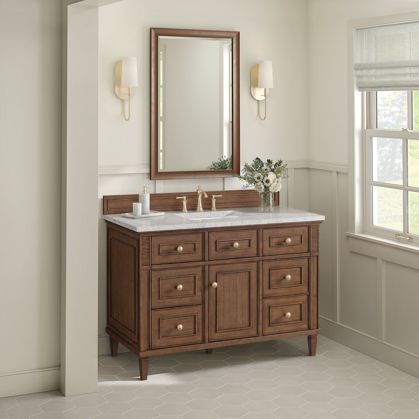 Lorelai 48" Single Vanity, Mid-Century Walnut w/ 3 CM Eternal Jasmine Pearl Silestone Top