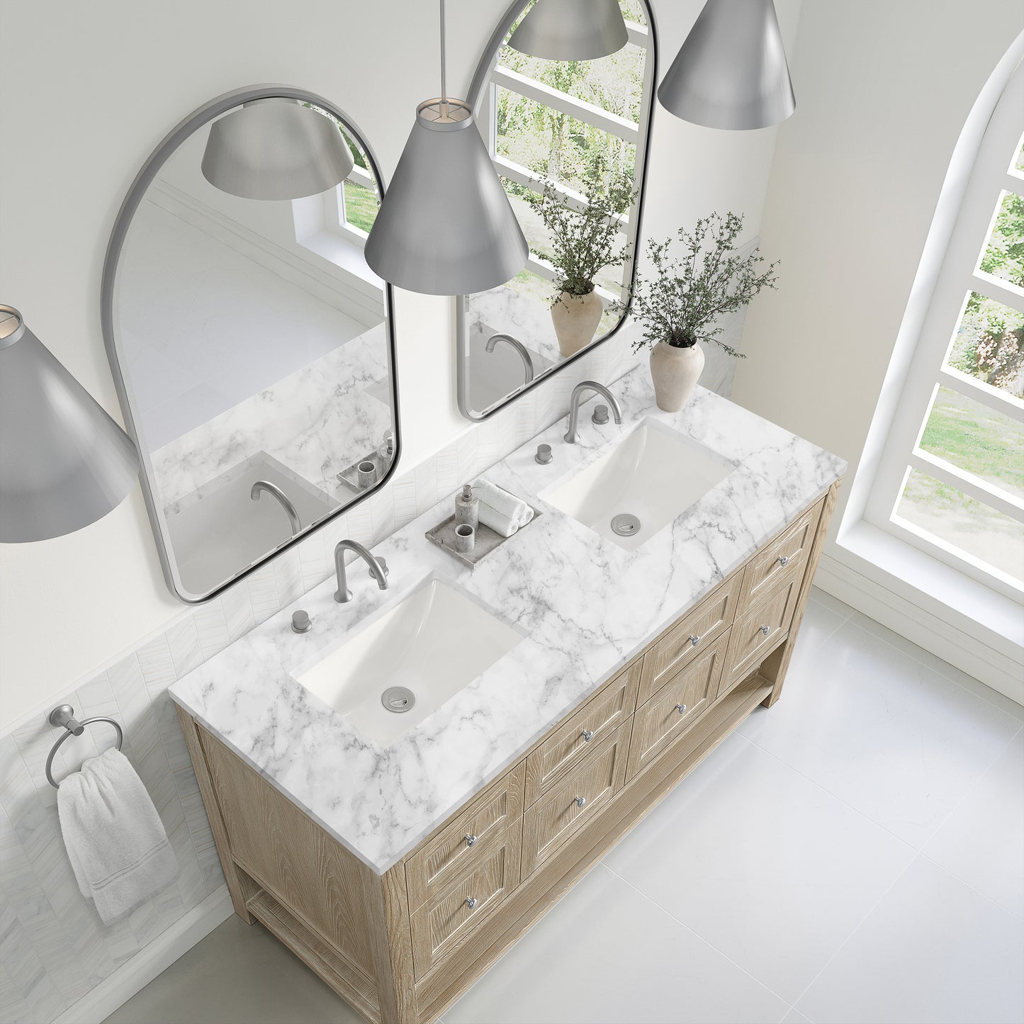 Breckenridge 60" Double Vanity, Whitewashed Oak, w/ 3 CM Carrara Marble Top