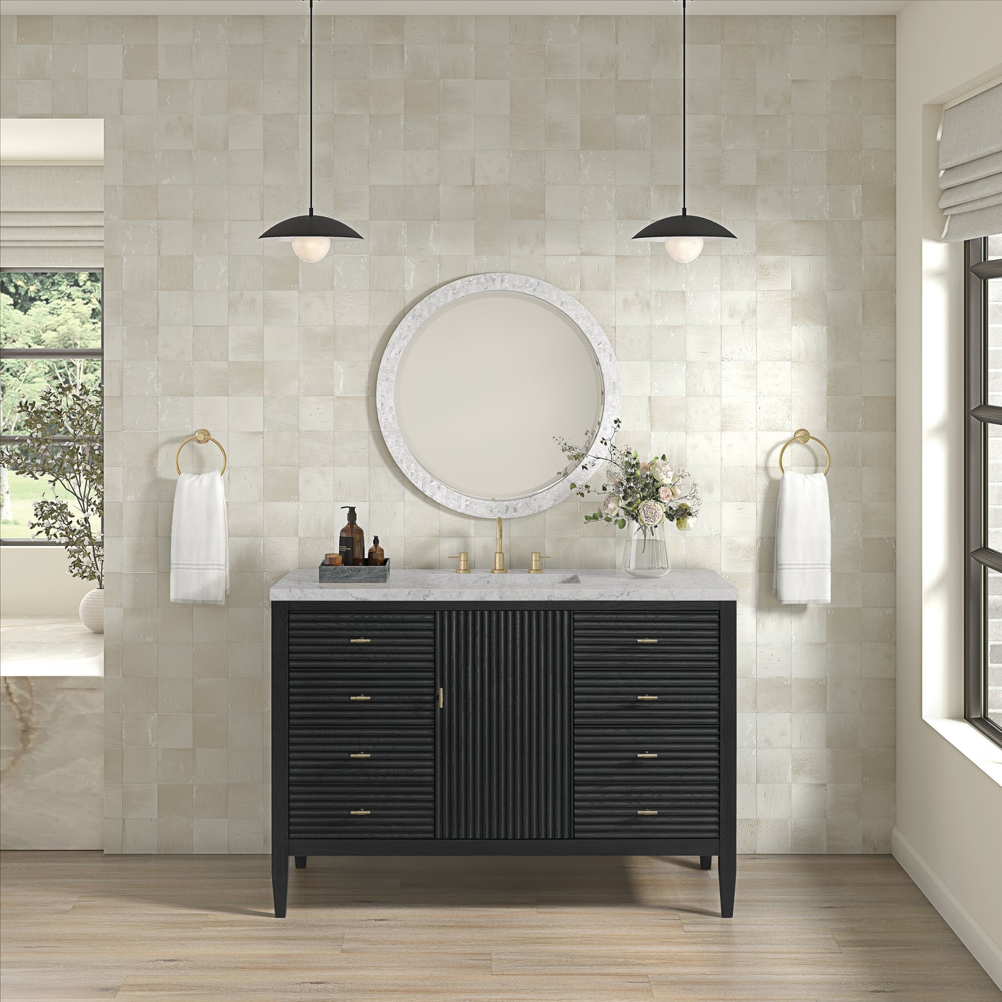 Myrrin 48" Vanity, Carbon Oak w/ 3 CM Eternal Jasmine Pearl Silestone Top