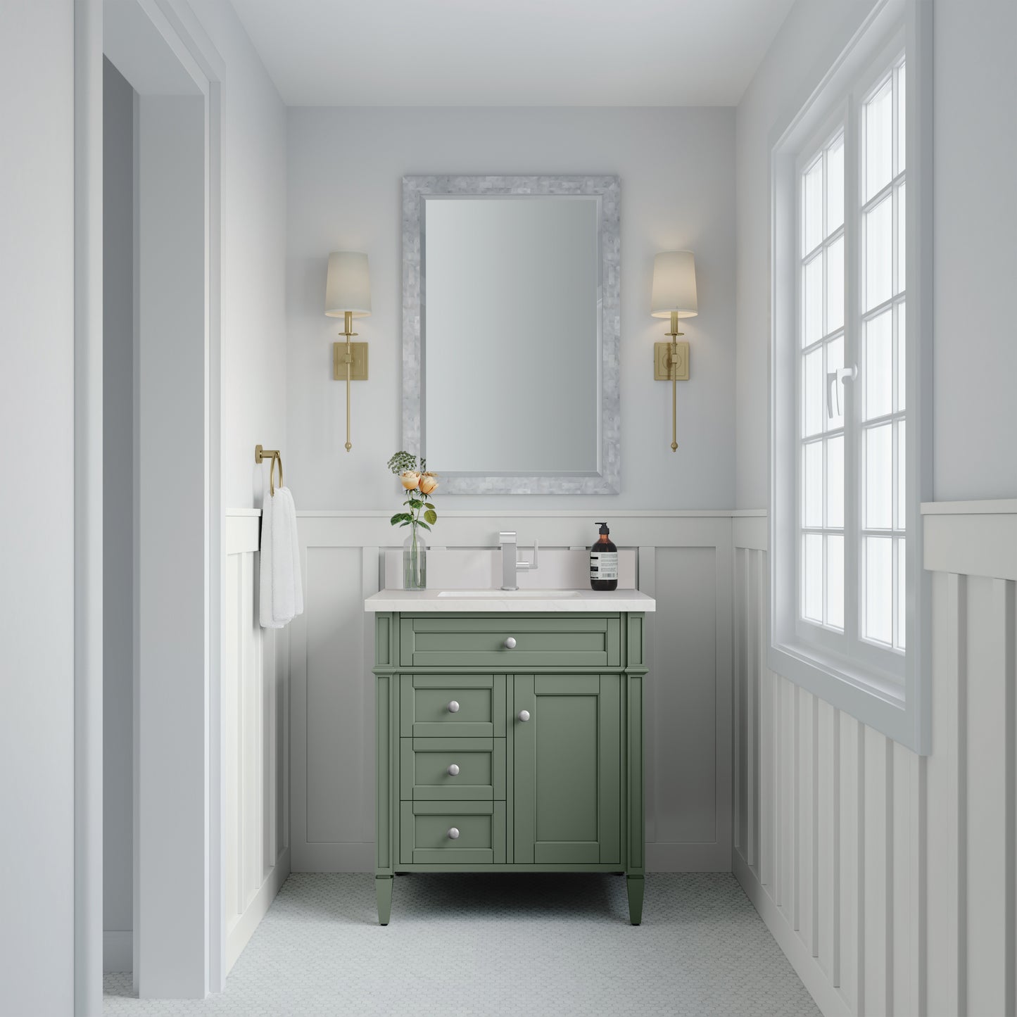 Brittany 30" Single Vanity, Smokey Celadon w/ Single Hole 3 CM White Zeus Top & Backsplash