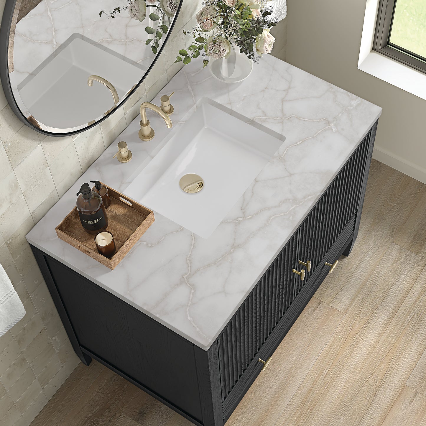 Myrrin 36" Vanity, Carbon Oak w/ 3 CM Victorian Silver Silestone Top