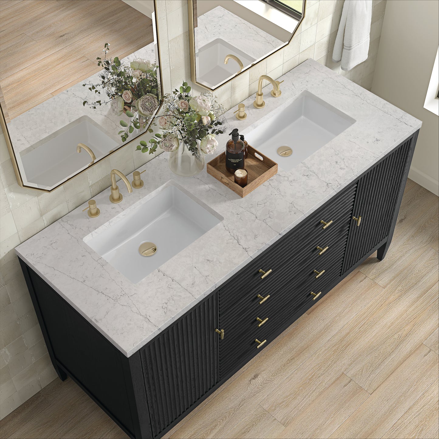 Myrrin 60" Double Vanity, Carbon Oak w/ 3 CM Eternal Jasmine Pearl Silestone Top