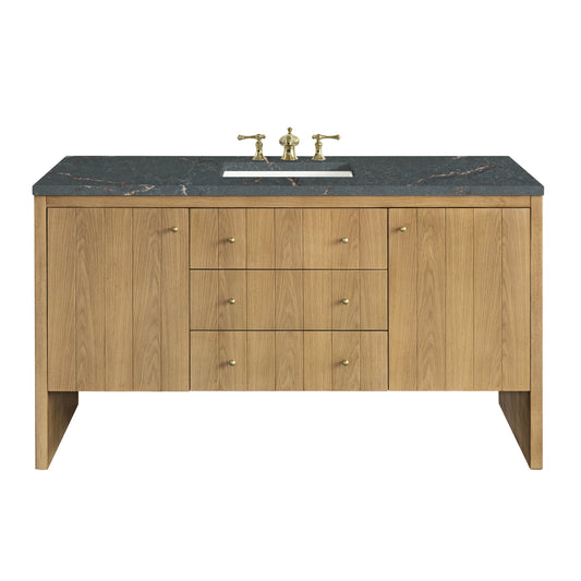 Hudson 60" Single Vanity, Light Natural Oak w/ 3 CM Parisien Bleu Top w/ FreePower Wireless Charger