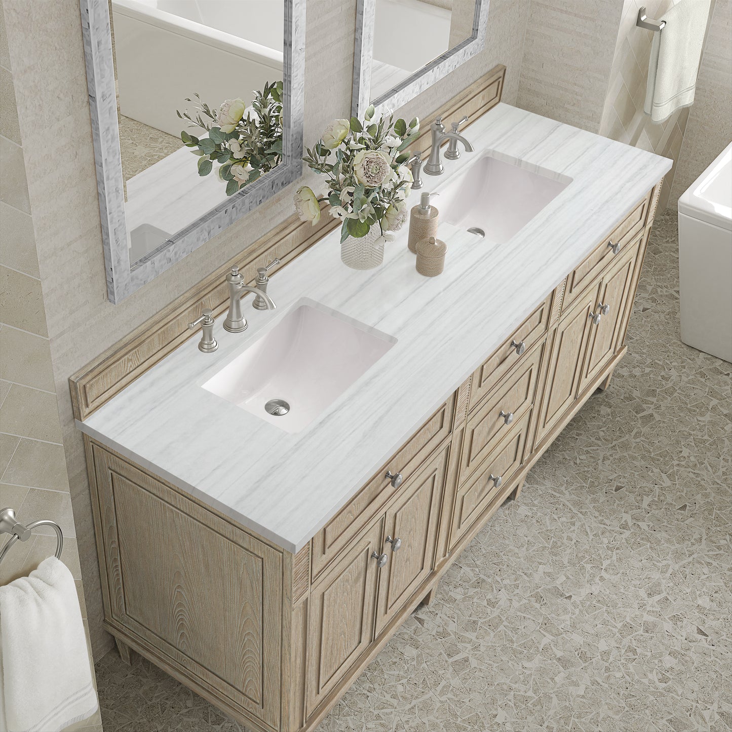 Lorelai 72" Double Vanity, Whitewashed Oak w/ 3 CM Arctic Fall Solid Surface Top