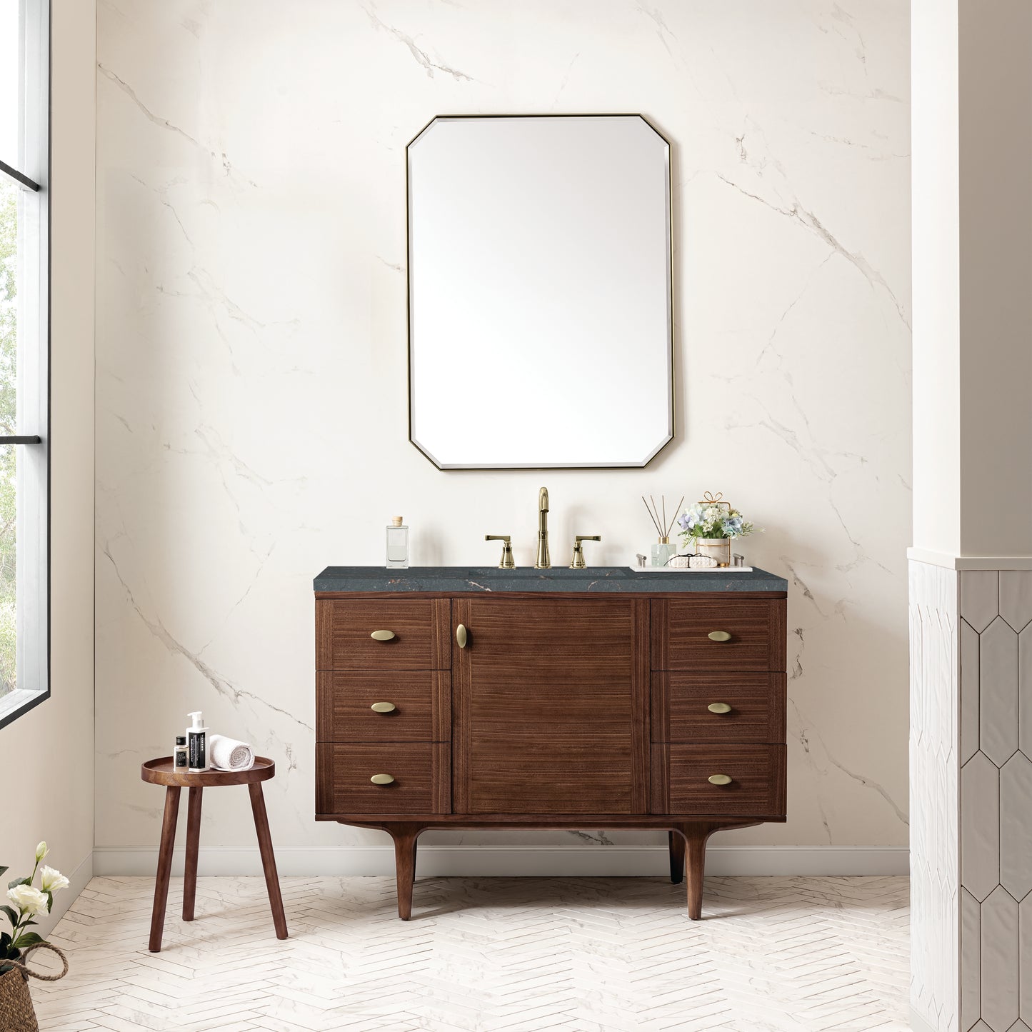 Amberly 48" Single Vanity, Mid-Century Walnut w/ 3 CM Parisien Bleu Top