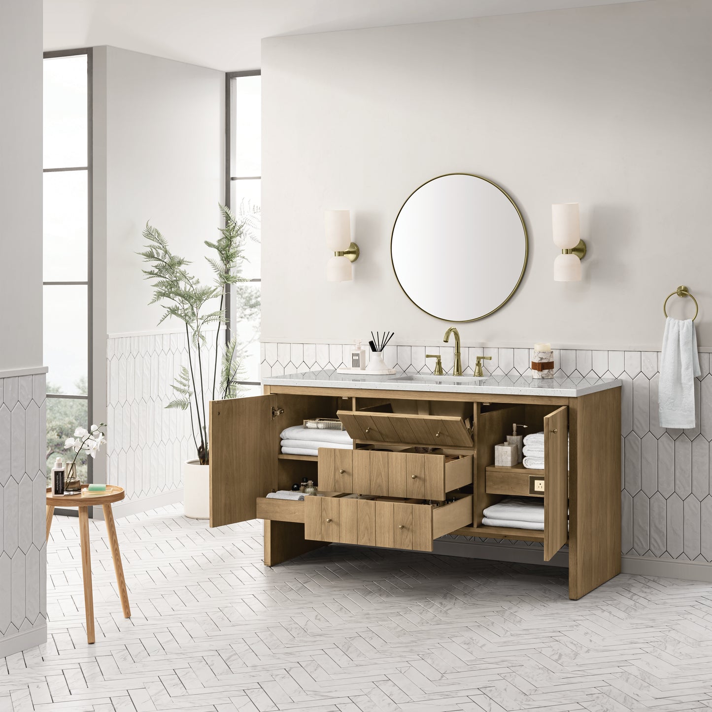 Hudson 60" Single Vanity, Light Natural Oak w/ 3 CM Lime Delight Top