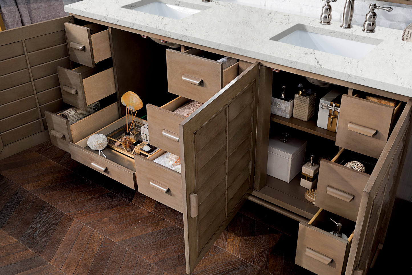 Portland 72" Double Vanity Whitewashed Walnut w/ 3 CM Eternal Jasmine Pearl Silestone Top