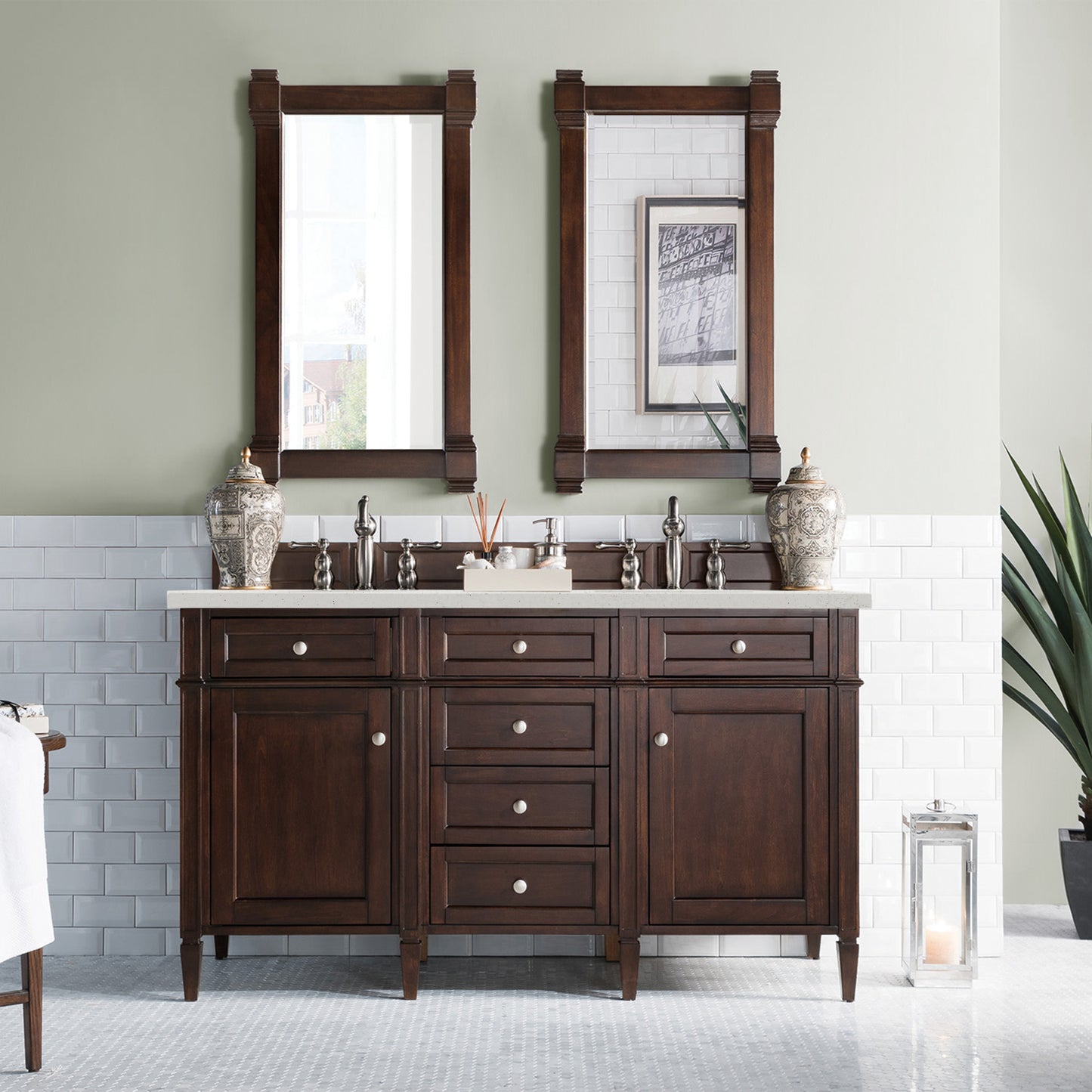 Brittany 60" Double Vanity, Burnished Mahogany w/ 3 CM Lime Delight Silestone Top