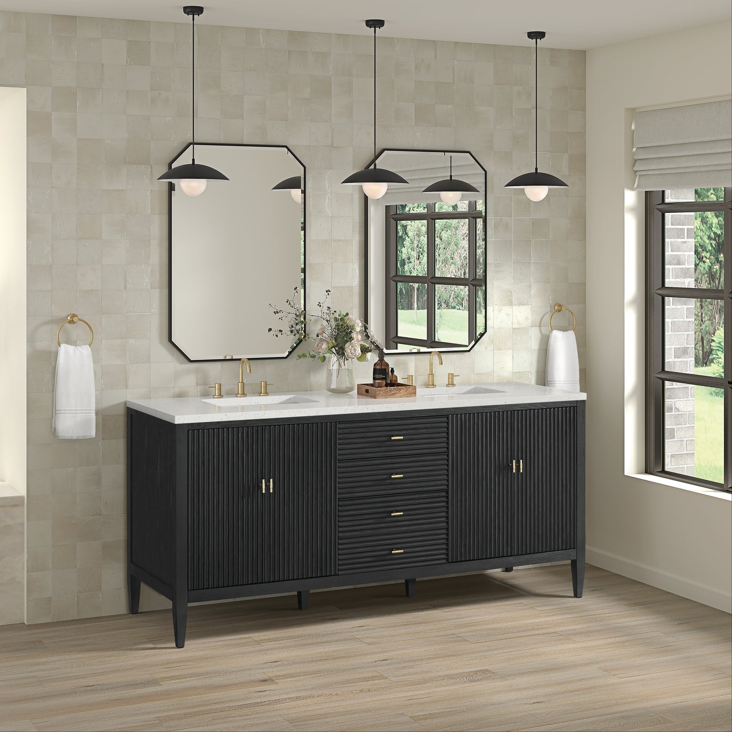 Myrrin 72" Double Vanity, Carbon Oak w/ 3 CM Lime Delight Silestone Top