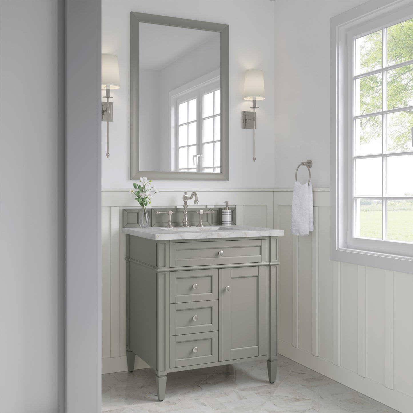 Brittany 30" Single Vanity, Urban Gray, w/ 3 CM Victorian Silver Silestone Top