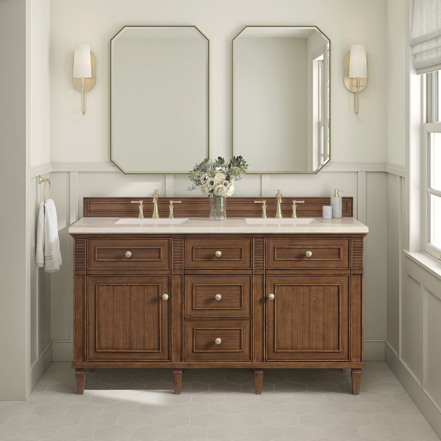 Lorelai 60" Double Vanity, Mid-Century Walnut w/ 3 CM Eternal Marfil Silestone Top