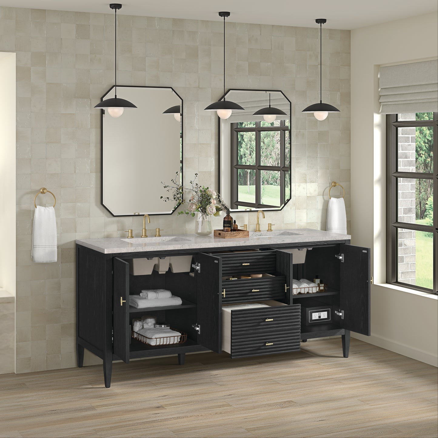 Myrrin 72" Double Vanity, Carbon Oak w/ 3 CM Eternal Jasmine Pearl Silestone Top