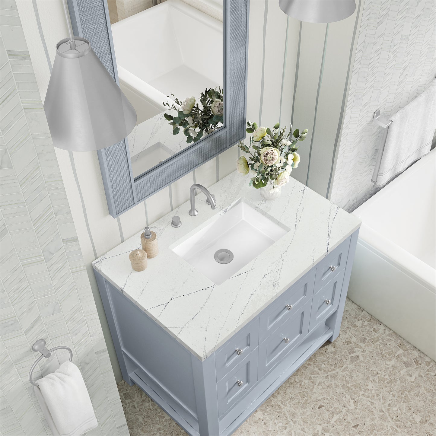 Breckenridge 36" Single Vanity, Serenity Blue, w/ 3 CM Ethereal Noctis Quartz Top