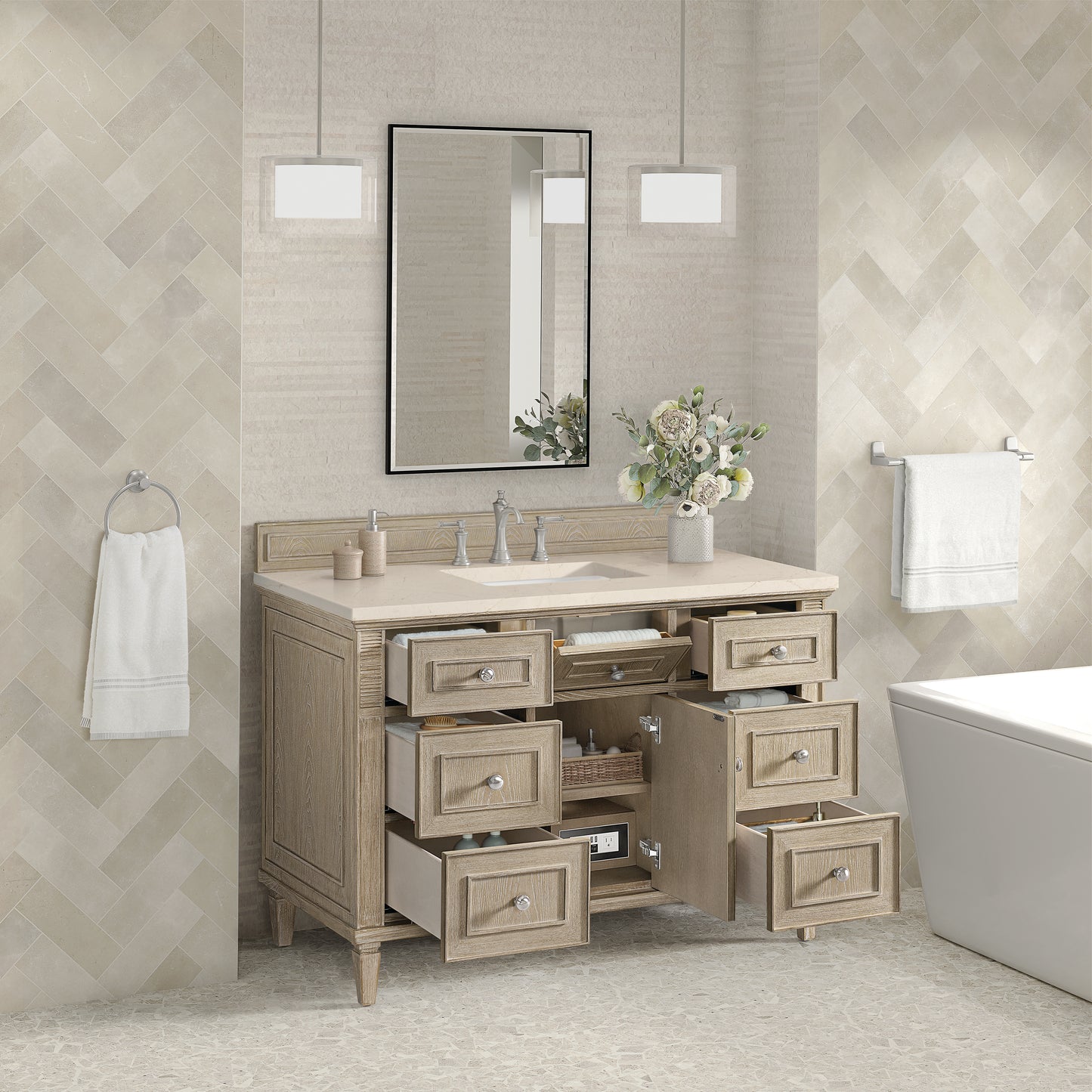 Lorelai 48" Single Vanity, Whitewashed Oak w/ 3 CM Eternal Marfil Silestone Top