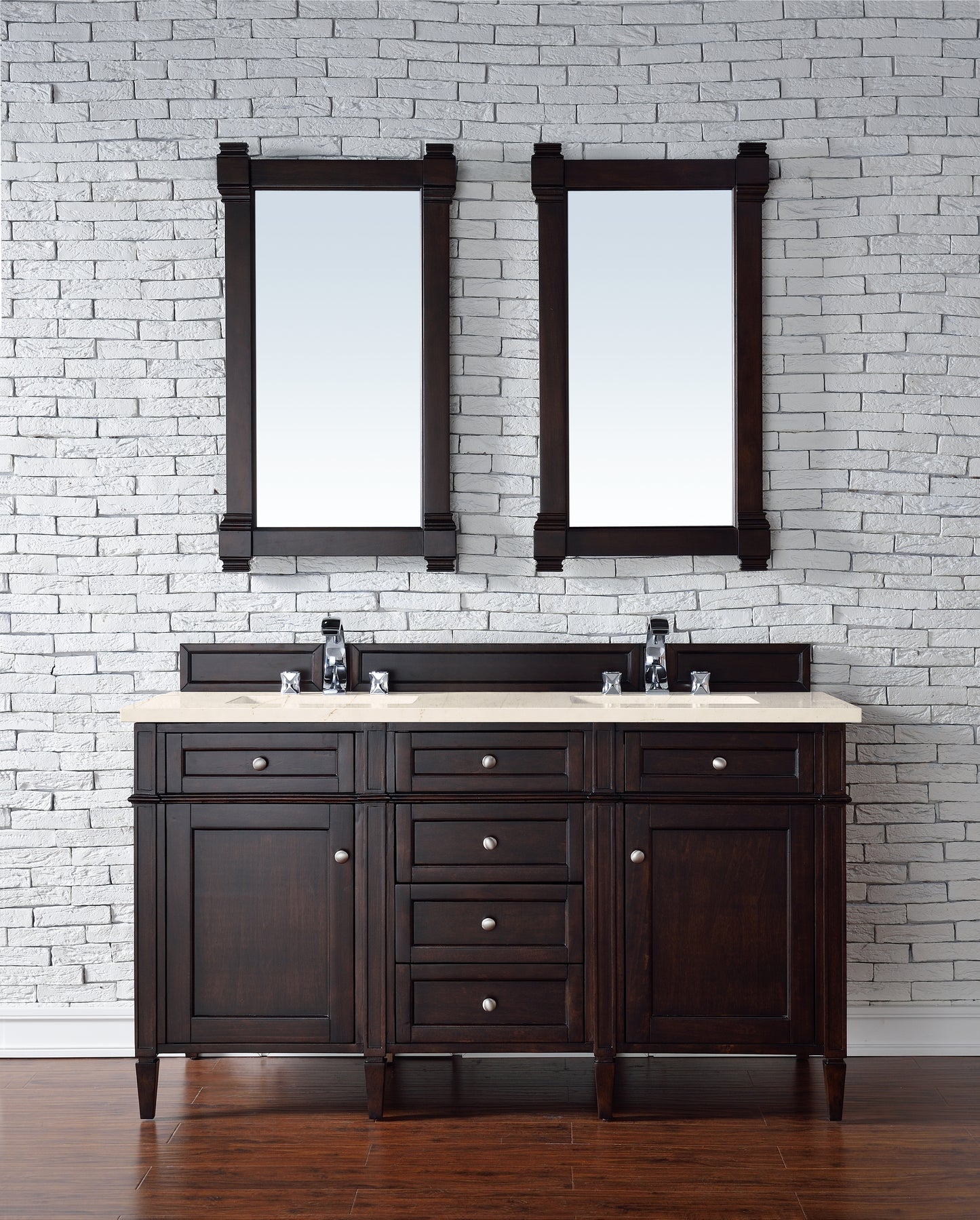 Brittany 60" Double Vanity, Burnished Mahogany w/ 3 CM Eternal Marfil Silestone Top