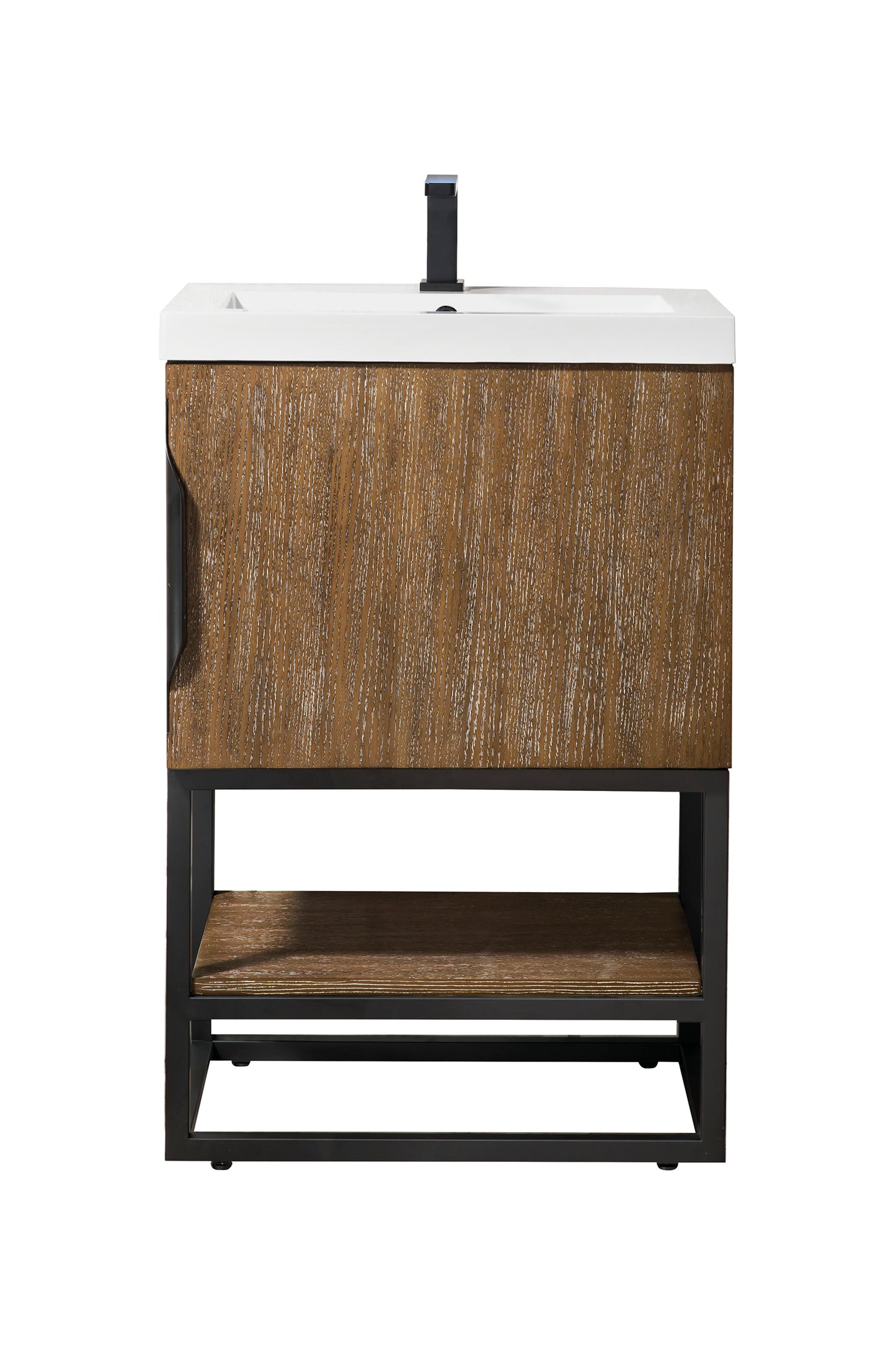 Columbia 24" Single Vanity, Latte Oak, Matte Black w/ White Glossy Composite Stone Top