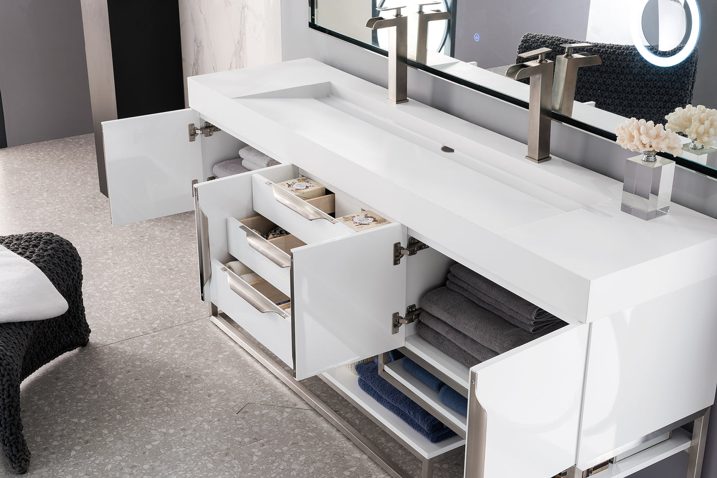 Columbia 72" Double Vanity, Glossy White, Brushed Nickel w/ Glossy White Composite Stone Top