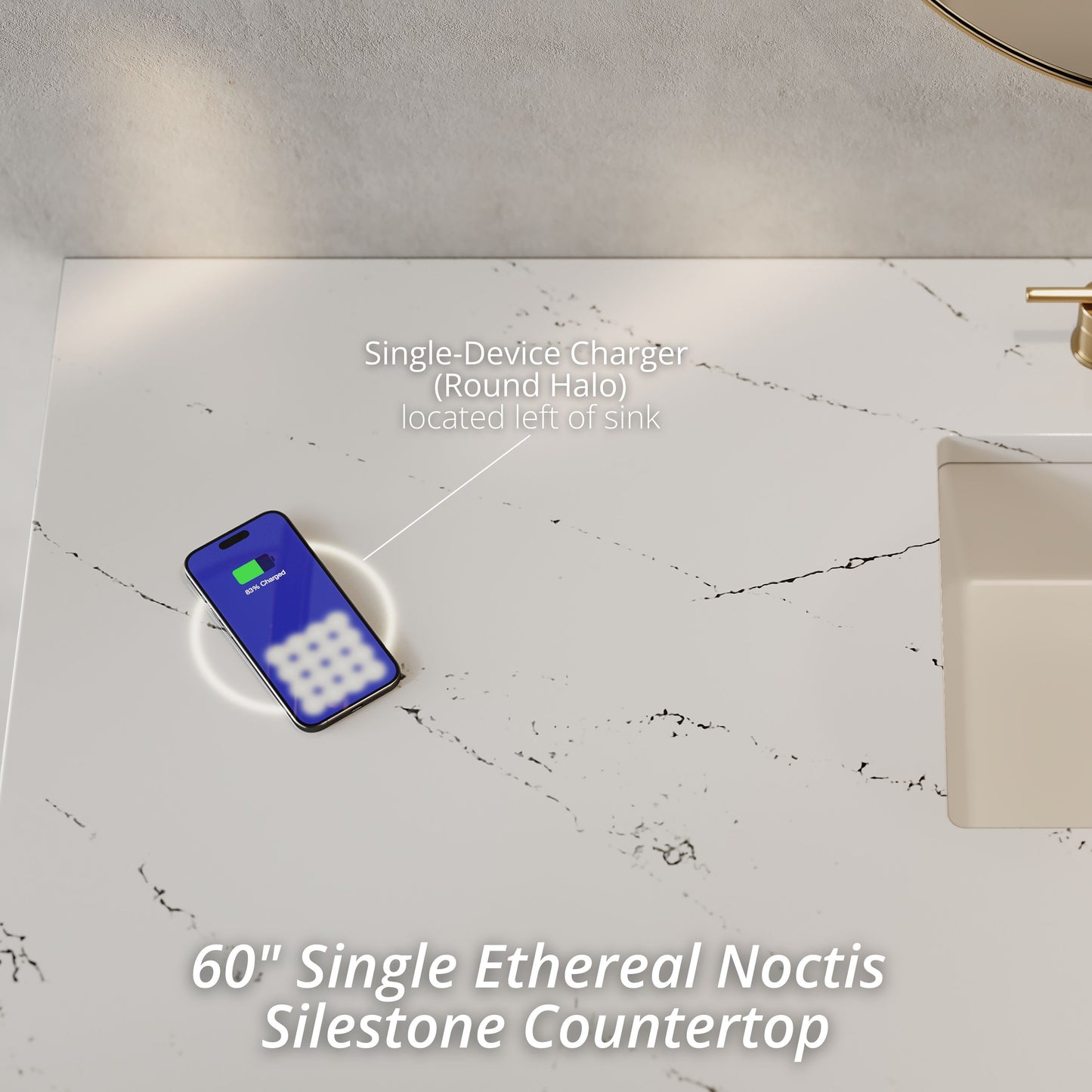 Breckenridge 60" Single Vanity, Smokey Celadon, w/ 3 CM Ethereal Noctis Silestone Top w/ FreePower Wireless Charger