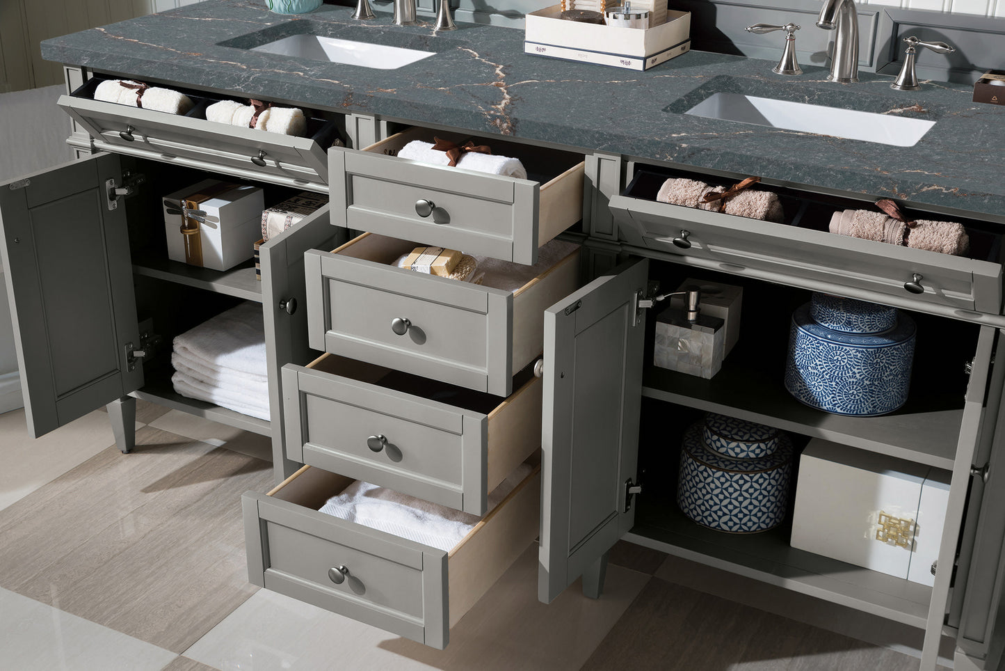 Brittany 72" Double Vanity, Urban Gray w/ 3 CM Parisien Bleu Silestone Top