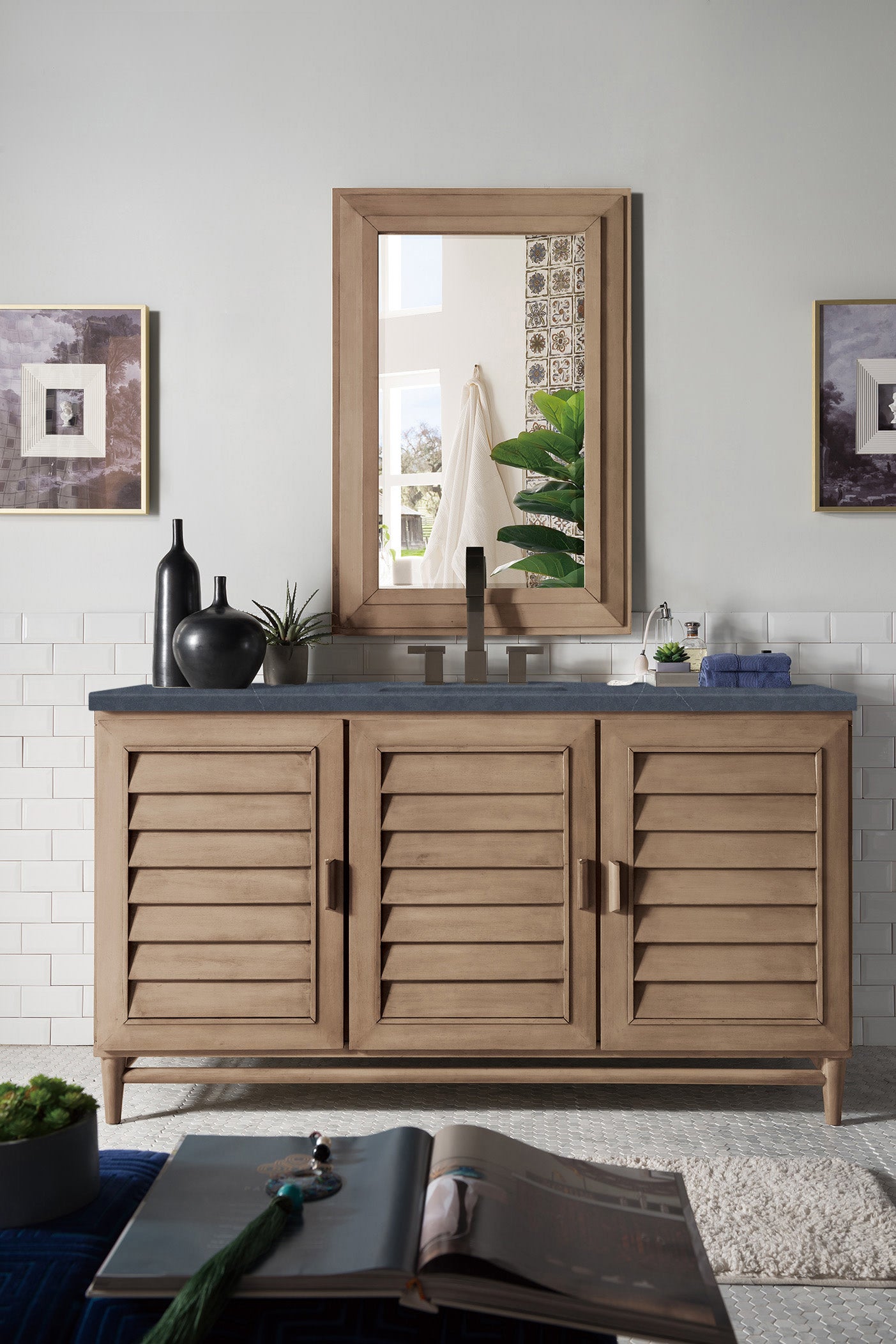 Portland 60" Single Vanity Whitewashed Walnut w/ 3 CM Charcoal Soapstone Silestone Top