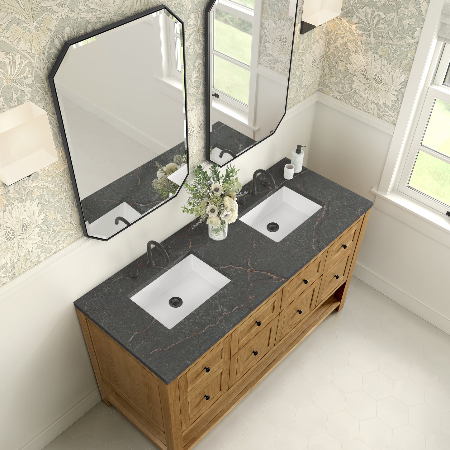 Breckenridge 60" Double Vanity, Light Natural Oak, w/ 3 CM Parisien Bleu Quartz Top