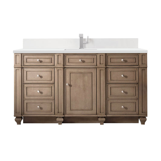 Bristol 60" Single Vanity, Whitewashed Walnut w/ Single Hole 3 CM White Zeus Silestone Top & Backsplash