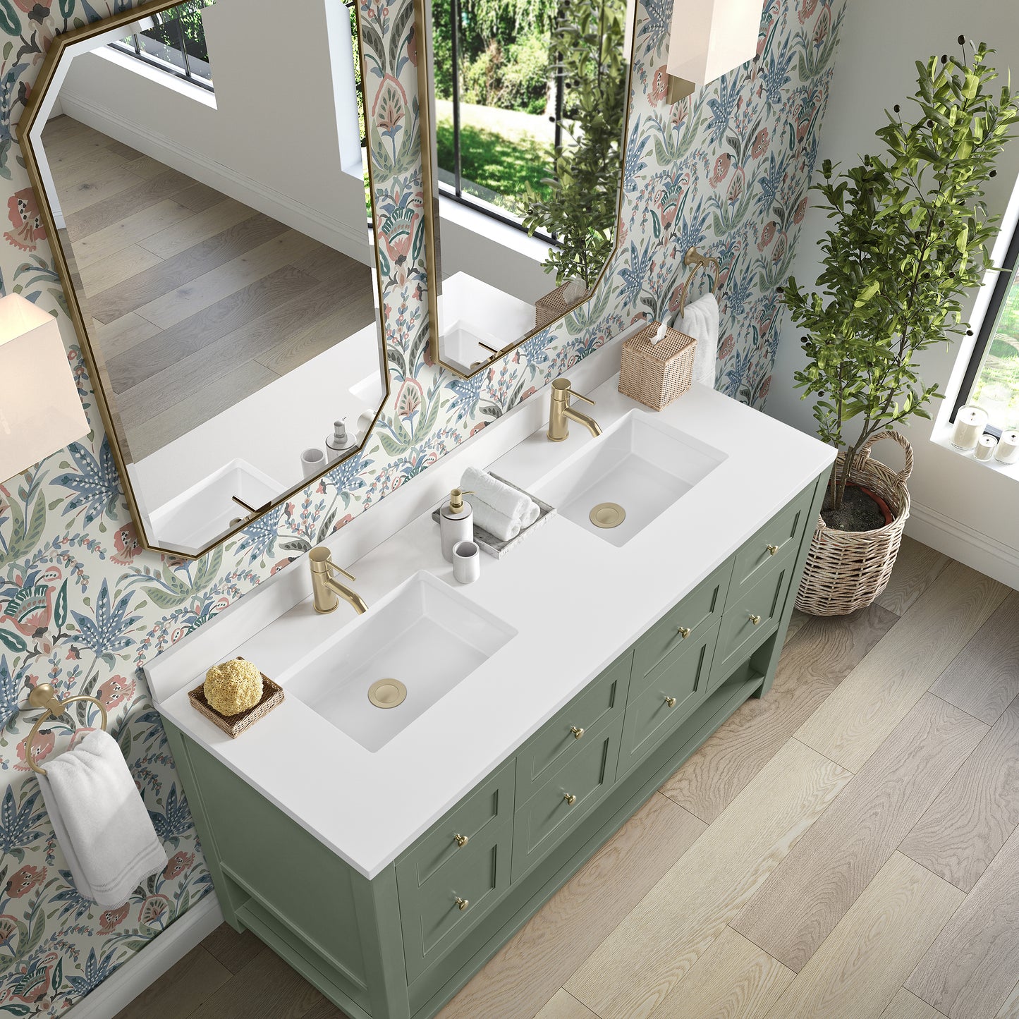 Breckenridge 60" Double Vanity, Smokey Celadon, w/ Single Hole 3 CM White Zeus Quartz Top & Backsplash