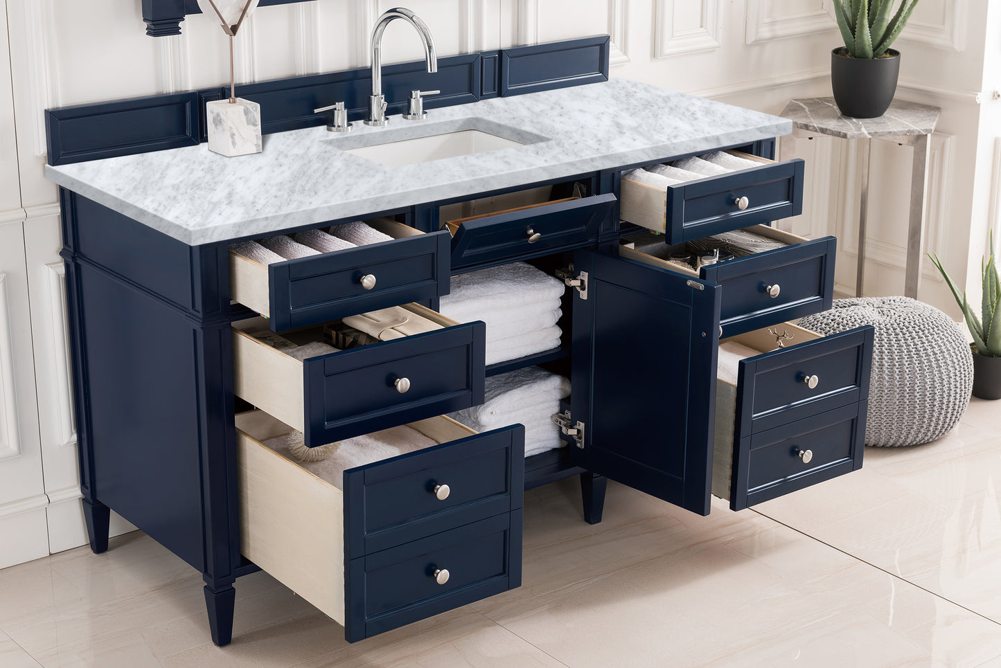 Brittany 60" Single Vanity, Victory Blue w/ 3 CM Carrara Marble Top