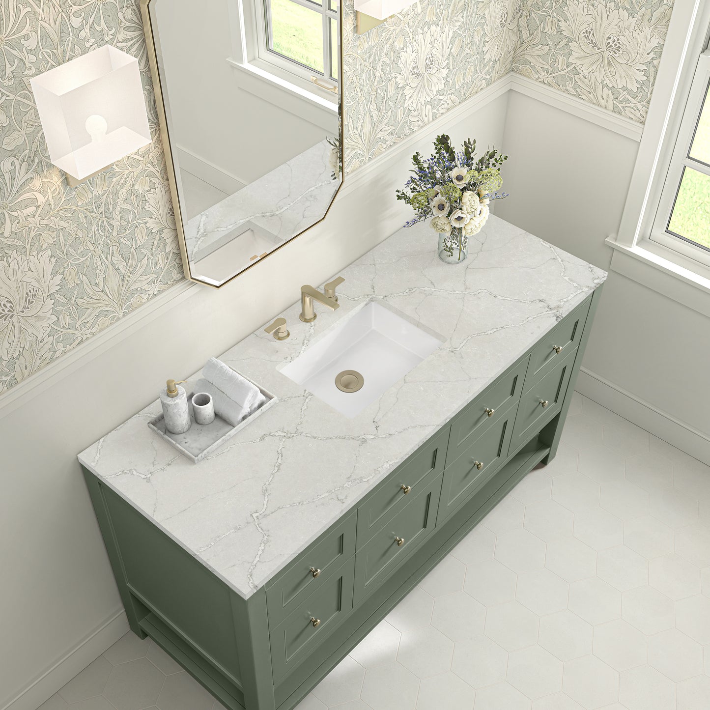 Breckenridge 60" Single Vanity, Smokey Celadon, w/ 3 CM Victorian Silver Silestone Top w/ FreePower Wireless Charger