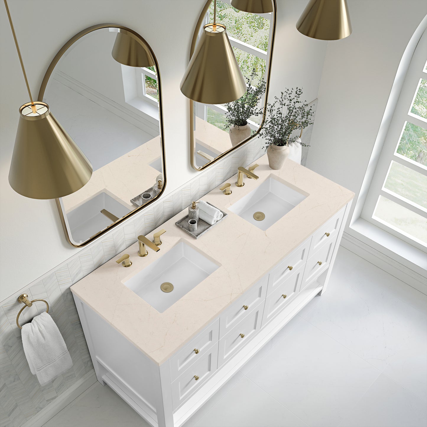 Breckenridge 60" Double Vanity, Bright White, w/ 3 CM Eternal Marfil Quartz Top