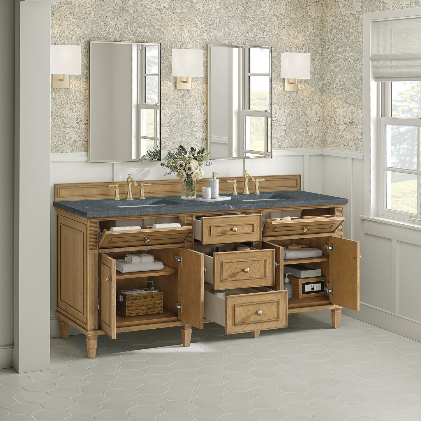 Lorelai 72" Double Vanity, Light Natural Oak w/ 3 CM Parisien Bleu Silestone Top