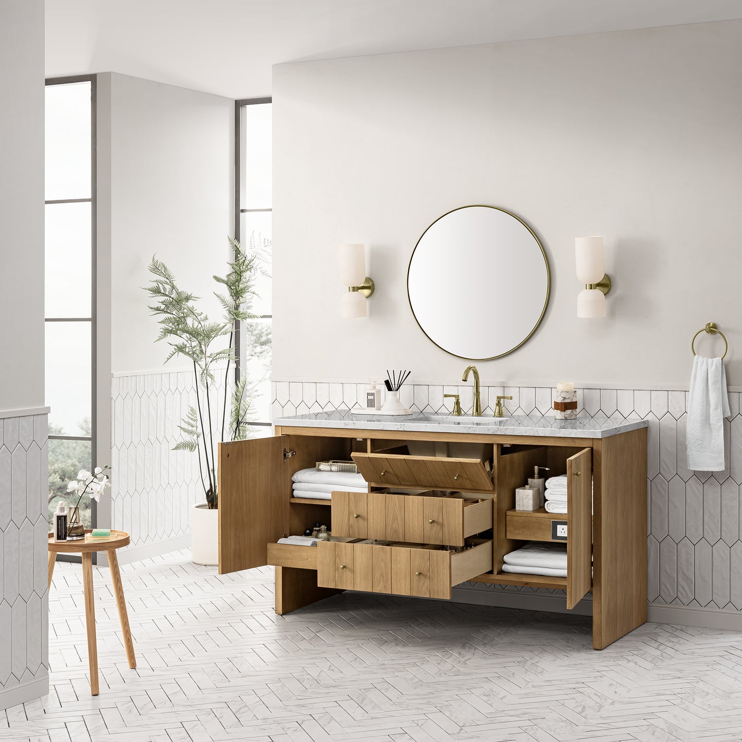 Hudson 60" Single Vanity, Light Natural Oak w/ 3 CM Eternal Jasmine Pearl Top