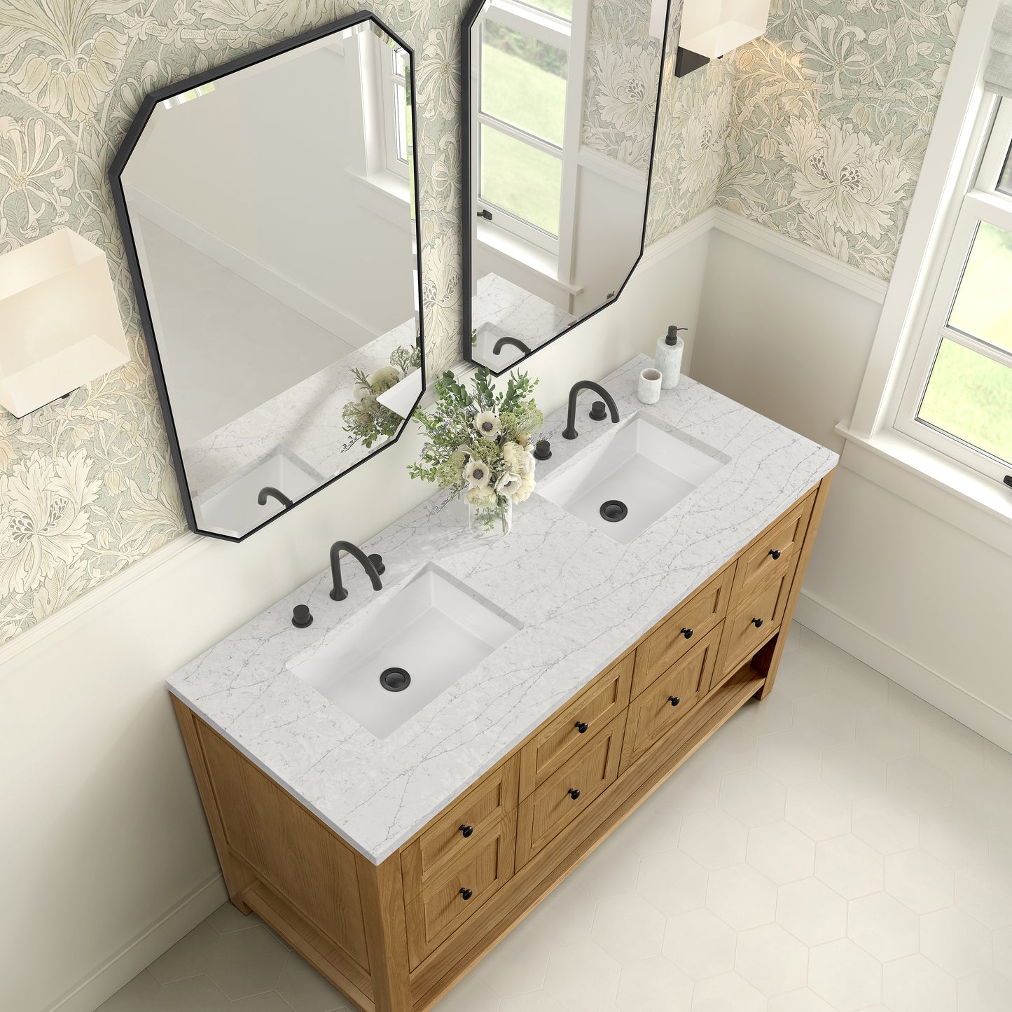 Breckenridge 60" Double Vanity, Light Natural Oak, w/ 3 CM Eternal Jasmine Pearl Quartz Top