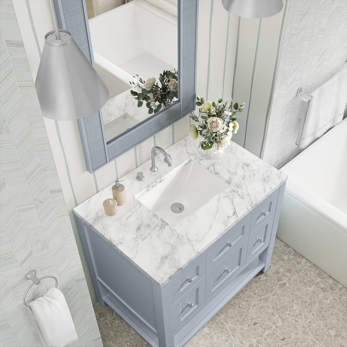Breckenridge 36" Single Vanity, Serenity Blue, w/ 3 CM Carrara Marble Top