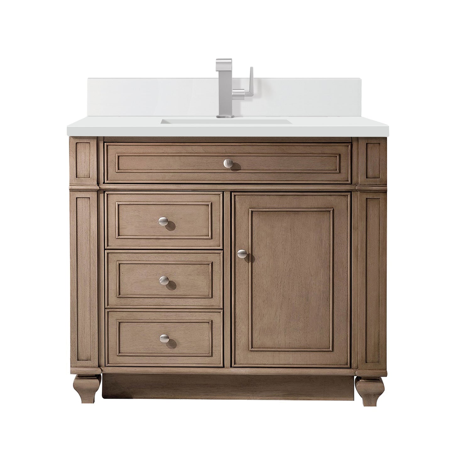 Bristol 36" Single Vanity, Whitewashed Walnut w/ Single Hole 3 CM White Zeus Silestone Top & Backsplash