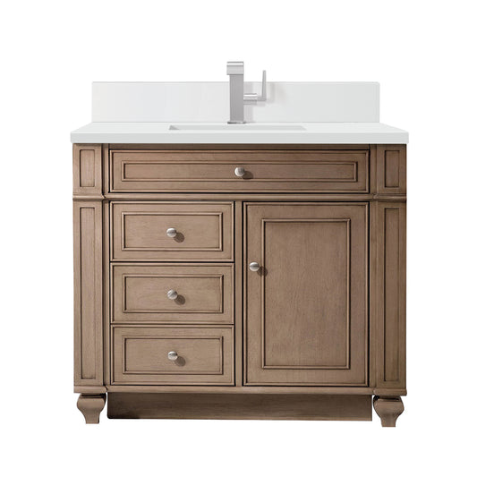 Bristol 36" Single Vanity, Whitewashed Walnut w/ Single Hole 3 CM White Zeus Silestone Top & Backsplash