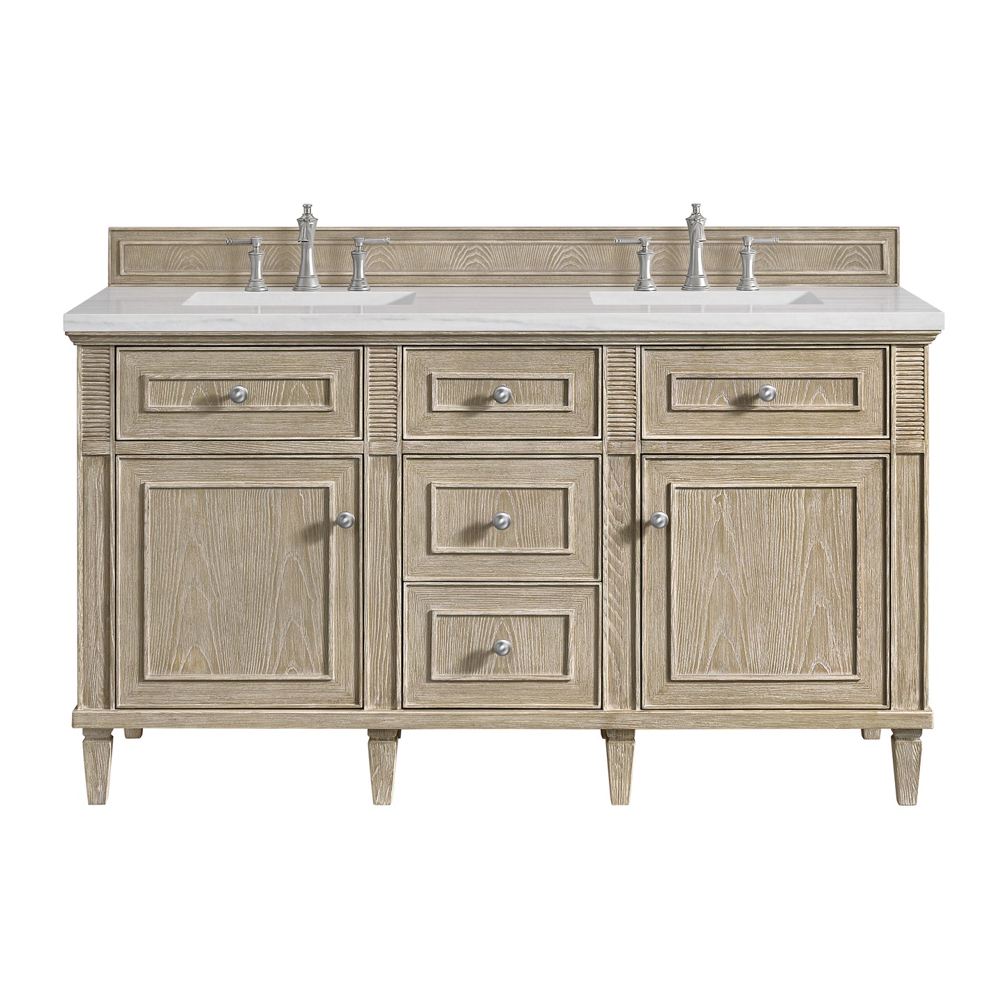 Lorelai 60" Double Vanity, Whitewashed Oak w/ 3 CM Arctic Fall Solid Surface Top