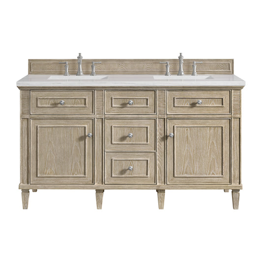Lorelai 60" Double Vanity, Whitewashed Oak w/ 3 CM Arctic Fall Solid Surface Top