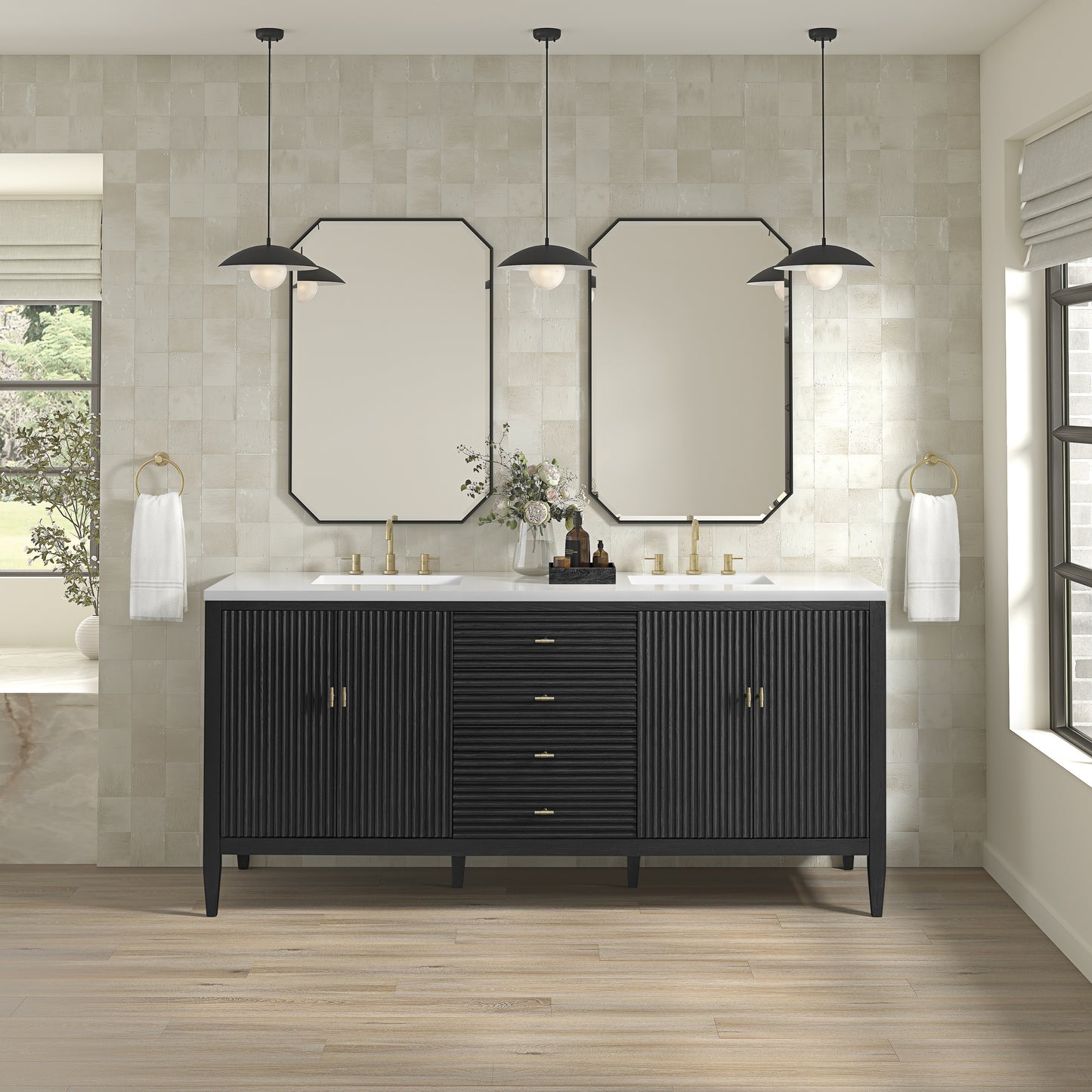 Myrrin 72" Double Vanity, Carbon Oak w/ 3 CM White Zeus Silestone Top