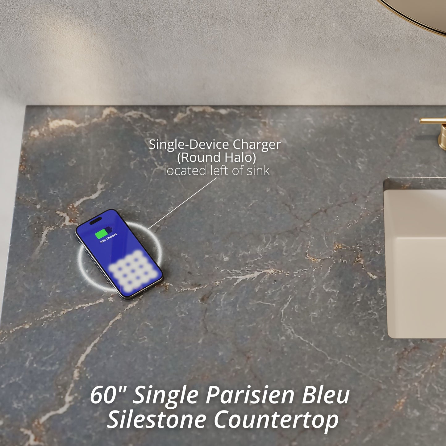 Breckenridge 60" Single Vanity Cabinet, Bright White w/ 3 CM Parisien Bleu Top w/ FreePower Wireless Charger