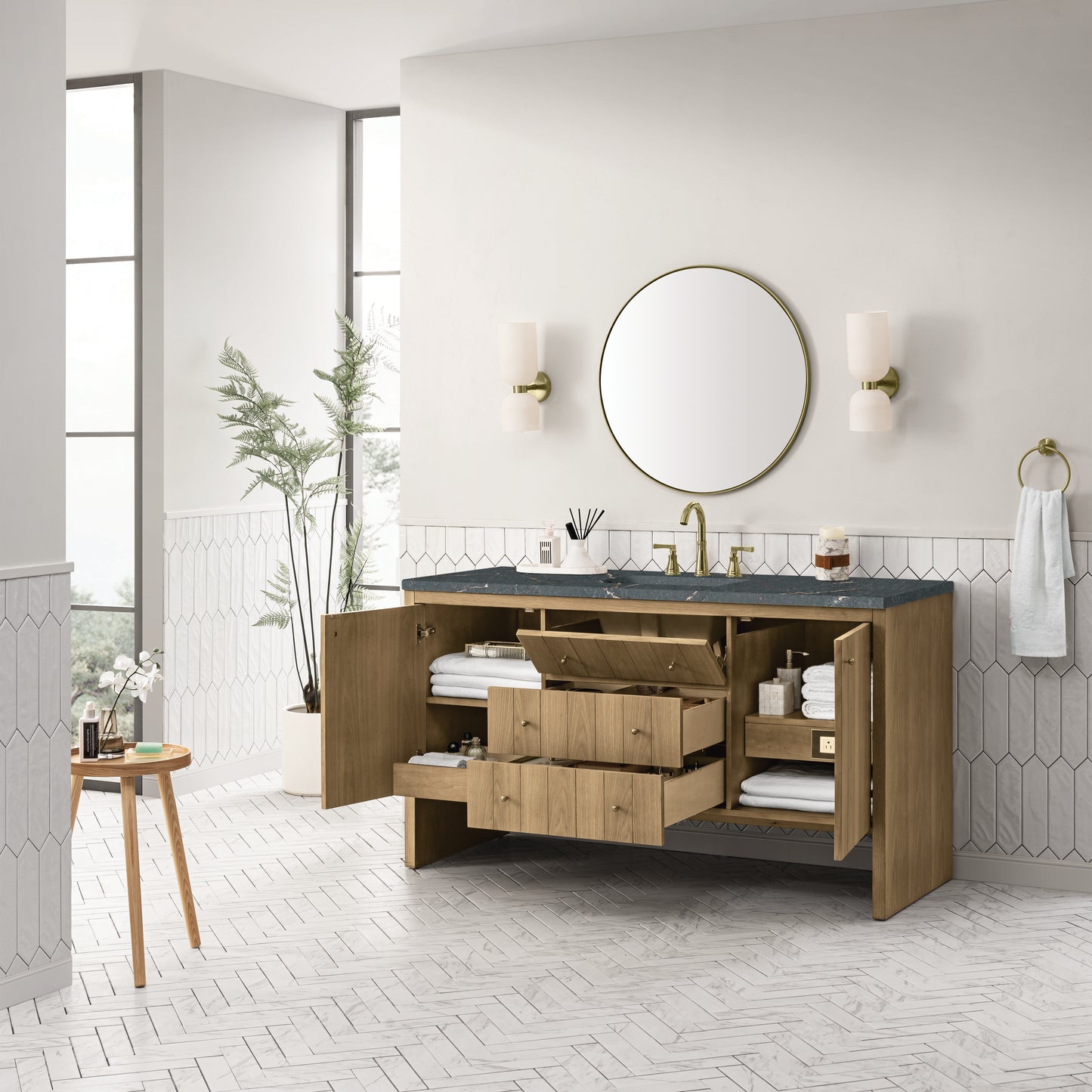 Hudson 60" Single Vanity, Light Natural Oak w/ 3 CM Parisien Bleu Top