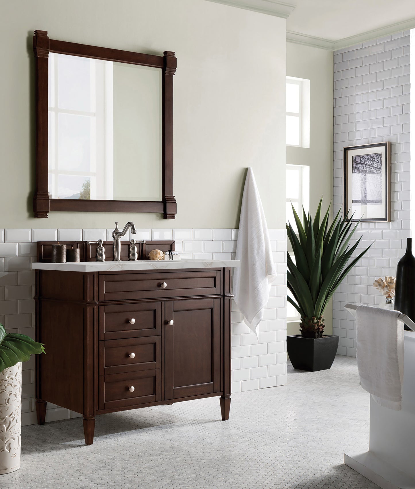 Brittany 36" Single Vanity, Burnished Mahogany w/ 3 CM Victorian Silver Silestone Top